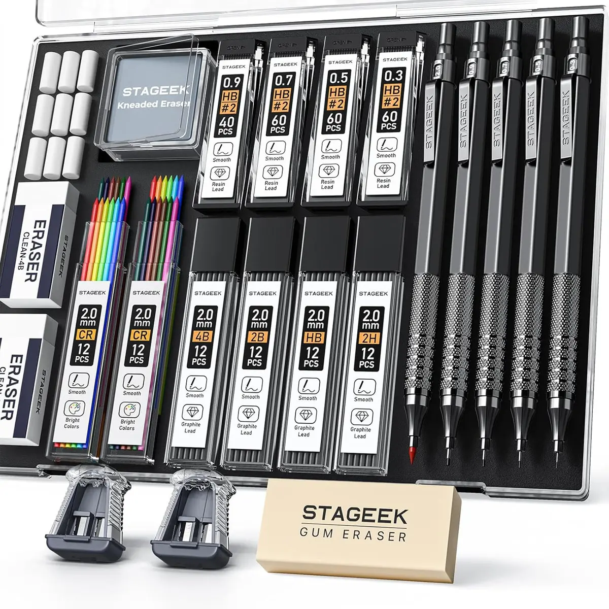 STAGEEK 21PCS Metal Body Mechanical Pencils Set - Multi-Tip Art Pencils (0.3/0.5/0.7/0.9/2mm Holders, HB/2H/2B/4B Colorful Leads) with 10 Tubes Graphite Refills, Eraser, Case for Drafting Drawing Tools