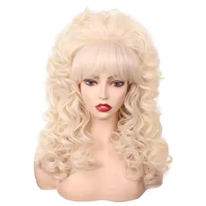 80s Long Curly Vintage Cosplay Wig with Bang for Women 60 70s Queen Costume for Halloween Party (Blonde)