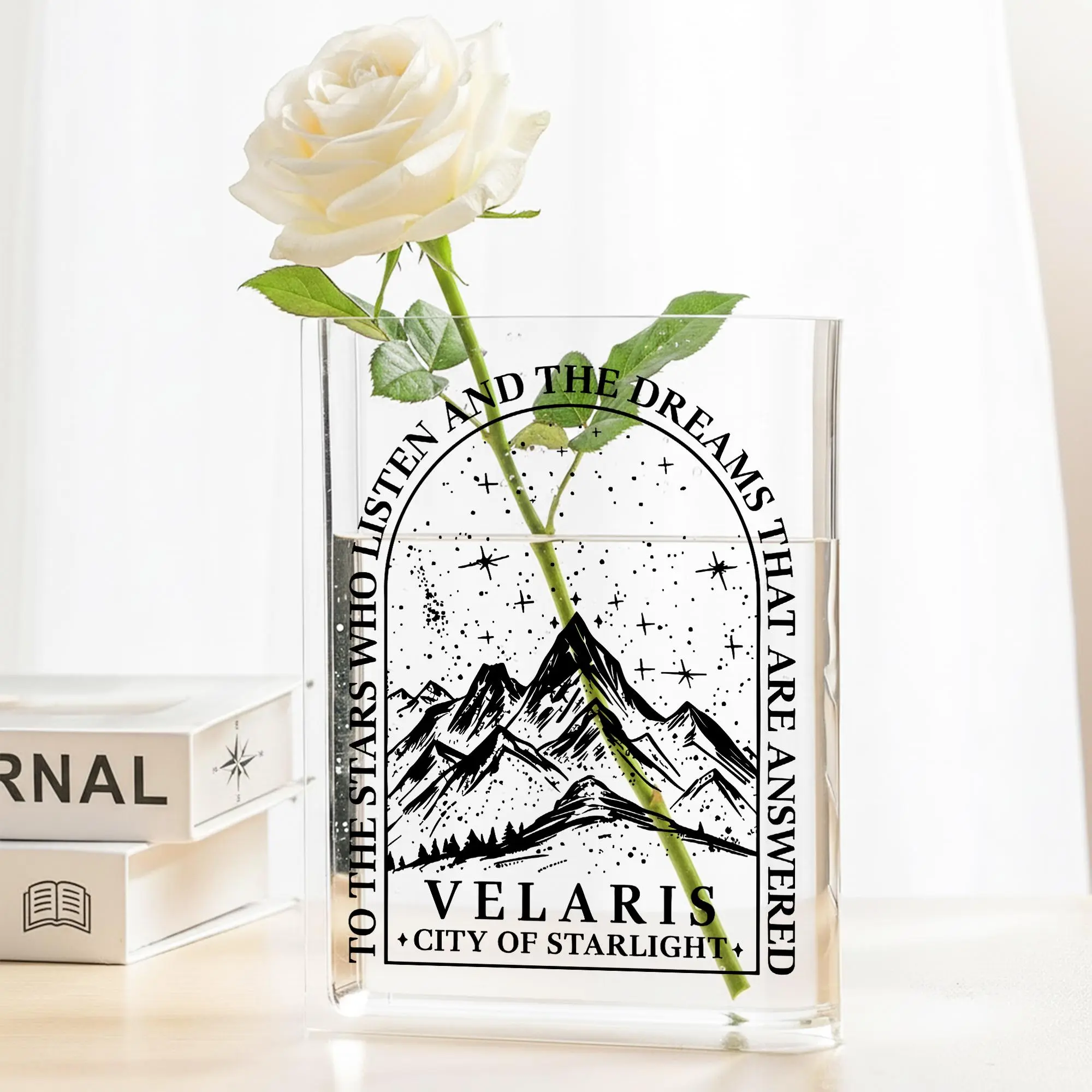 ACOTAR Velaris City Of Starlight Night Court Acrylic Book Vase, Book Lover Gift, Readers Book Vase, Bookish Decor, Book Shaped Flower Vase, Book Lamp for Bookshelf, Bookshelf Trinkets