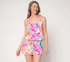 Denim & Co. Beach Blouson Tankini with Brief and Coverup Skirt