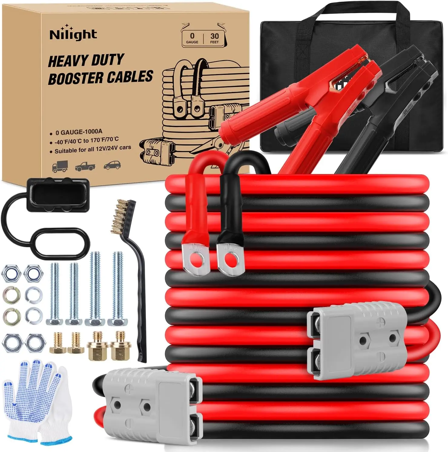 Nilight 0 Gauge 30ft Heavy-Duty Jumper Cables - 1000A CCA Copper Booster Cables with PVC Insulation, Quick Connect Plug & Play Permanent Kit, Anti-Leakage Insulated Handle, Screws & Fittings Bag, Carrying Bag for 12V/24V Systems, Truck Accessories, 12V/24