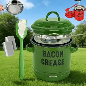 Rustic Farmhouse Enamel Bacon Grease Container - Large Enamel Grease Saver Strainer for Efficient Kitchen Use with Fine Mesh Strainer and Food-Grade Silicone Spatula, 46oz Retro Farmhouse Style Large Enamel Oil Keeper, Dishwasher Safe Kitchen Utensil