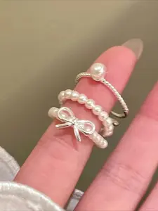Women's Pearl Bowknot Ring Set, Adjustable Open Design, Trendy Fashion Jewelry for Daily Wear & Party Stackable Rings