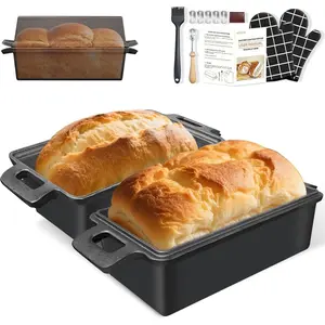 Cast Iron Bread Loaf Pan with Lid 9x5 Inch,2 in 1 Bread Pands Even Heat Bread Baking Pan for Homemade Bread, Sourdough, Meatloaf, Set of 2 Loaf Pans with, Lame Baking Tool, Pastry Brush