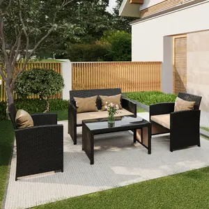 4-Piece Wicker Patio Sofa Set with Cushions & Glass Coffee Table, Compact Outdoor Furniture for Backyard & Poolside (Does not include pillow)