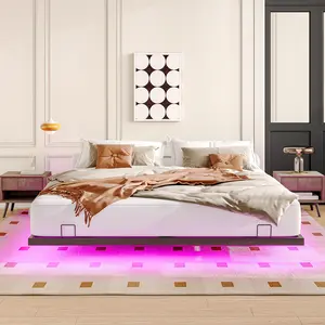 King Size Floating Bed Frames with LED Lights, Metal Platform Bed Frame, Heavy Duty Steel Slats and 4 Mattress Slide Stopper, Solid and Stable, Noise Free, No Box Spring Needed, Easy Assembly, Black (King)