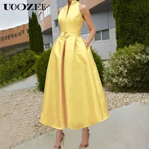 UOOZEE Women's Feminine Belted Buckle A-line Midi Dress - Sleeveless Halter V-neck Pleated Polyester Satin Fabric with Pockets - Formal Wear for Cocktail Parties, Urban Office (Spring Summer Autumn) - Pair with Metallic Blazer