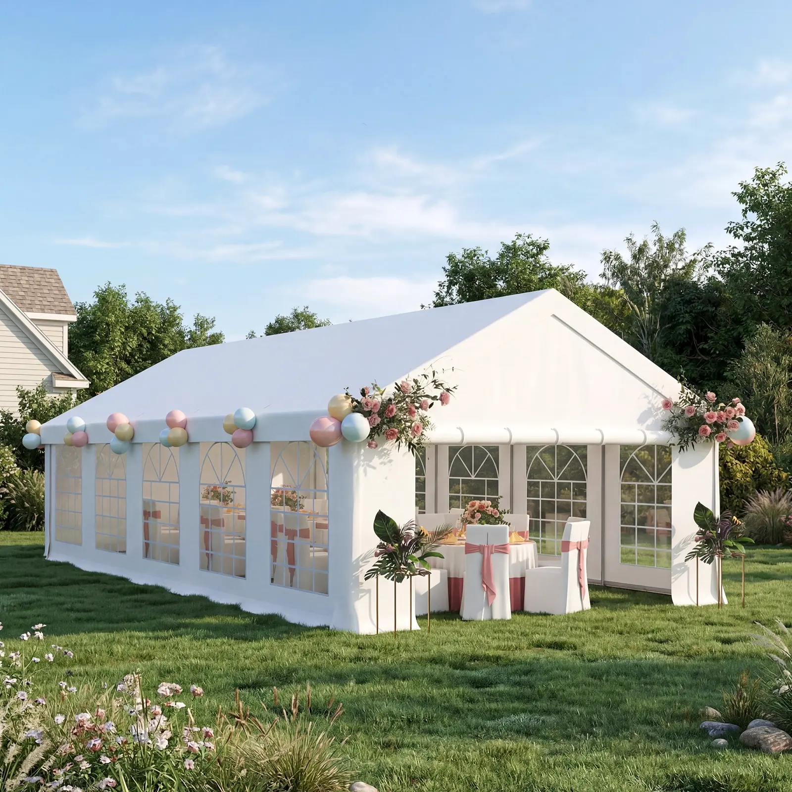 16x32 Party Tent, Heavy Duty Wedding Tent with Enhanced Galvanized Frame and Sidewalls & Built-in Sandbags, Waterproof Event Shelter for Outdoor Weddings, Birthday Parties, BBQ sun protection