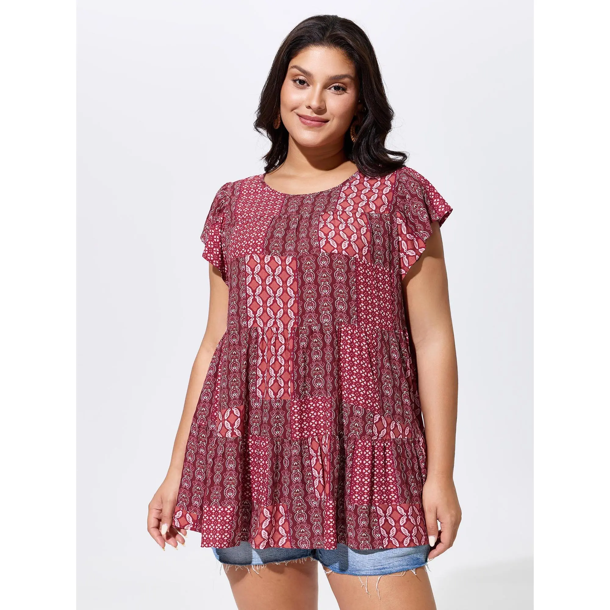 BloomChic Women's Plus Size Bohemian Ethnic Floral Print Blouse - Short Sleeve Ruffle, V-Neck, Smooth Rayon Fabric, Patchwork, Machine Wash, Bohemian Style Blouses & Shirts, Plus Size Women Clothing,SohoChic