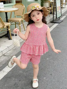 Little Cottagecore Sweetheart! Toddler Red White Gingham Ruffle Sleeveless Set, Soft & Lively