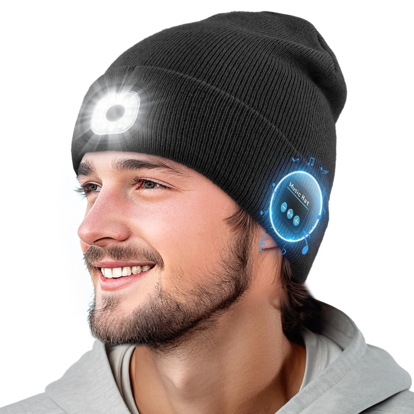 Knit Beanie for Men & Women with 4 LED Headlight and Wireless Speaker - USB-C Rechargeable, Ideal for Night Running, Birthdays & Festivals, Bluetooth, Music Calls