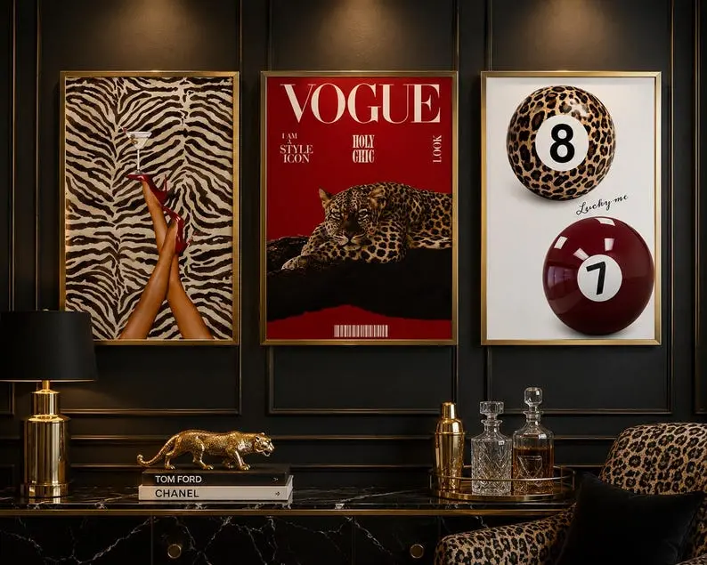 Set of 3 Leopard 8 Ball Lucky Me Red Vogue Inspired Zebra Heels Martini Gallery Wall Art, Glam Maximalist Posters