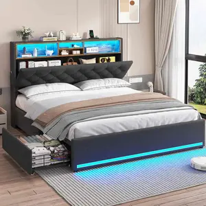 Sikaic Upholstered Platform Bed Frame with LED Lights & Charging Station Hidden Storage Headboard and 4 Drawers Linen Dark Grey