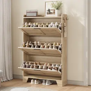 YJ-Garvee Narrow Shoe Cabinet Storage for Entryway with 2 or 3 Flip Drawers, Freestanding Slim Hidden Shoe Organizer Cabinet with Hooks for Foyer, Hallway, Garage in Light Oak, Gray, or Black