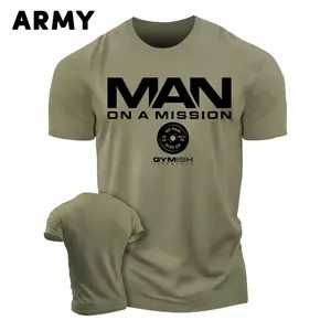 Gymish Men's Workout T-Shirt, Man On A Mission Bodybuilding Tee, Army Green Tactical Gym Top