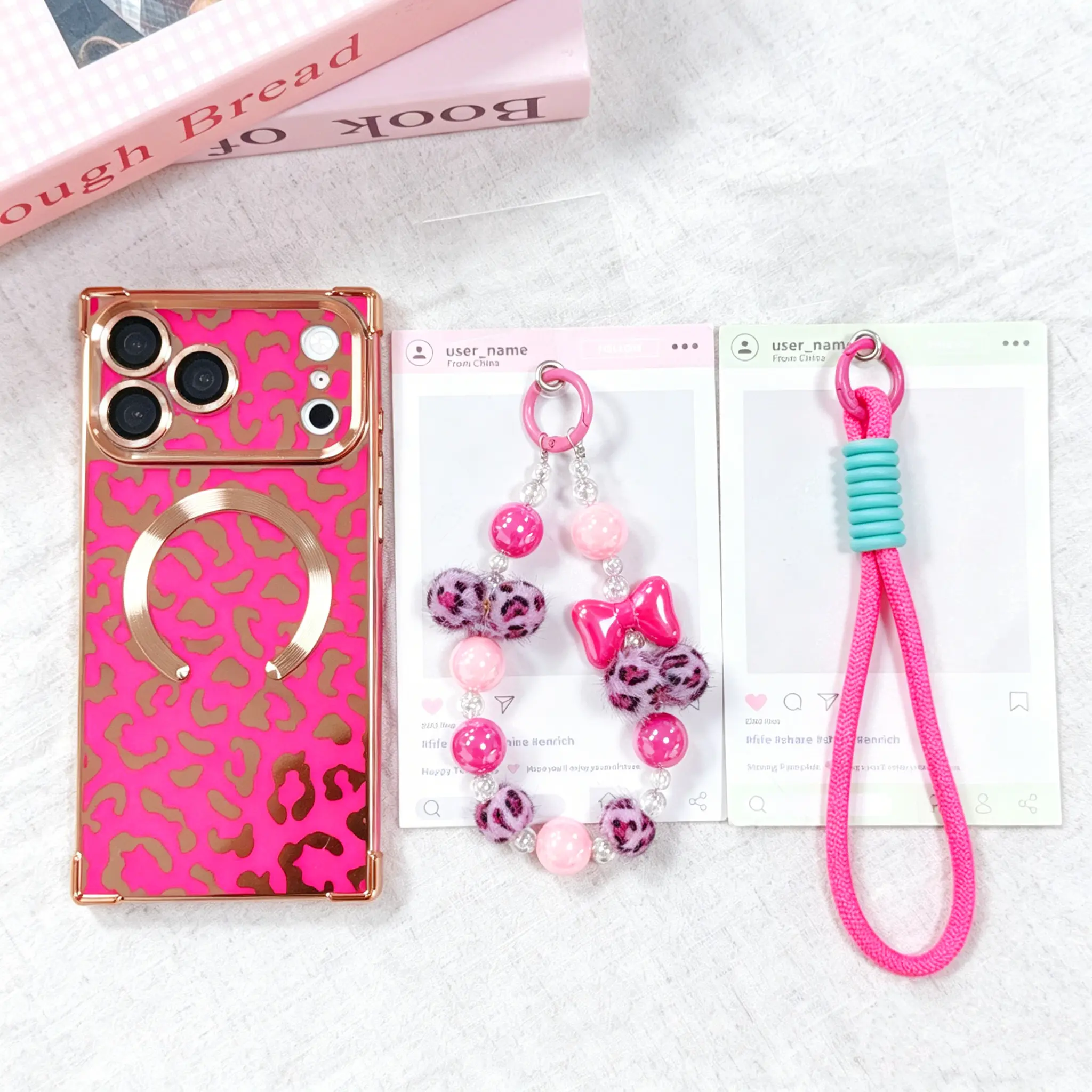 Luxury Leopard Print Glossy Square Smartphone Case - 3-Piece Durable Tech Set with Matching Beads & Bracelet, MagSafe-Compatible Shockproof Protection for iPhone 17/16/15/14/13 Pro Max