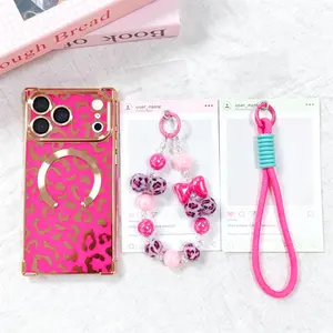 Luxury Leopard Print Glossy Square Smartphone Cover, 3-Piece Set with Matching Beads & Bracelet, MagSafe-Compatible Shockproof Protective Accessory for iPhone 17/16/15/14/13 Pro Max