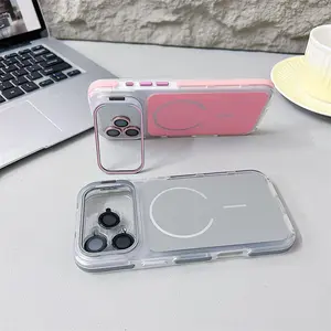 Magnetic Lens Bracket Phone Case for iPhone 17 16 15 14 13 12 11 Pro Max XR XS, Compatible with MagSafe, Hard Acrylic Shockproof Bumper, 360 °       Full Protection Anti‑Fall Cover, Support Wireless Charging, Stylish Protective Phone Case for Men Women