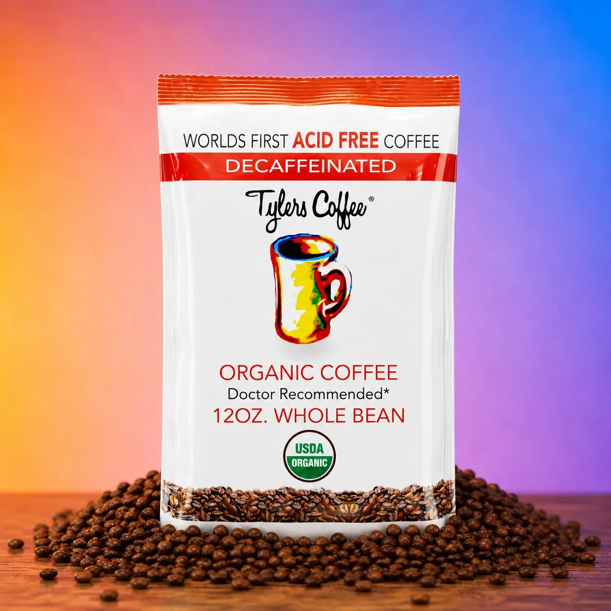 Tyler's Coffee Organic Decaf Whole Bean 12oz Bag - World's First Acid-Free Coffee USDA Certified Natural & Flavorful
