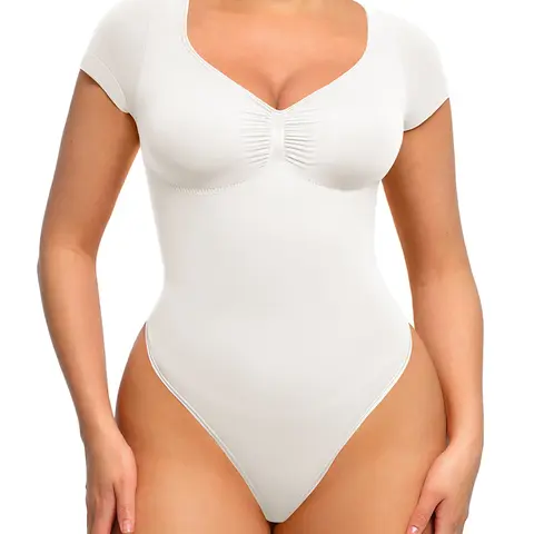 FeelinGirl Women's Short Sleeve Bodysuit V Neck Seamless Body Suits Thong Going Out Tops Shapewear Womenswear Compression Elegant Fitted newarrivals SohoChic