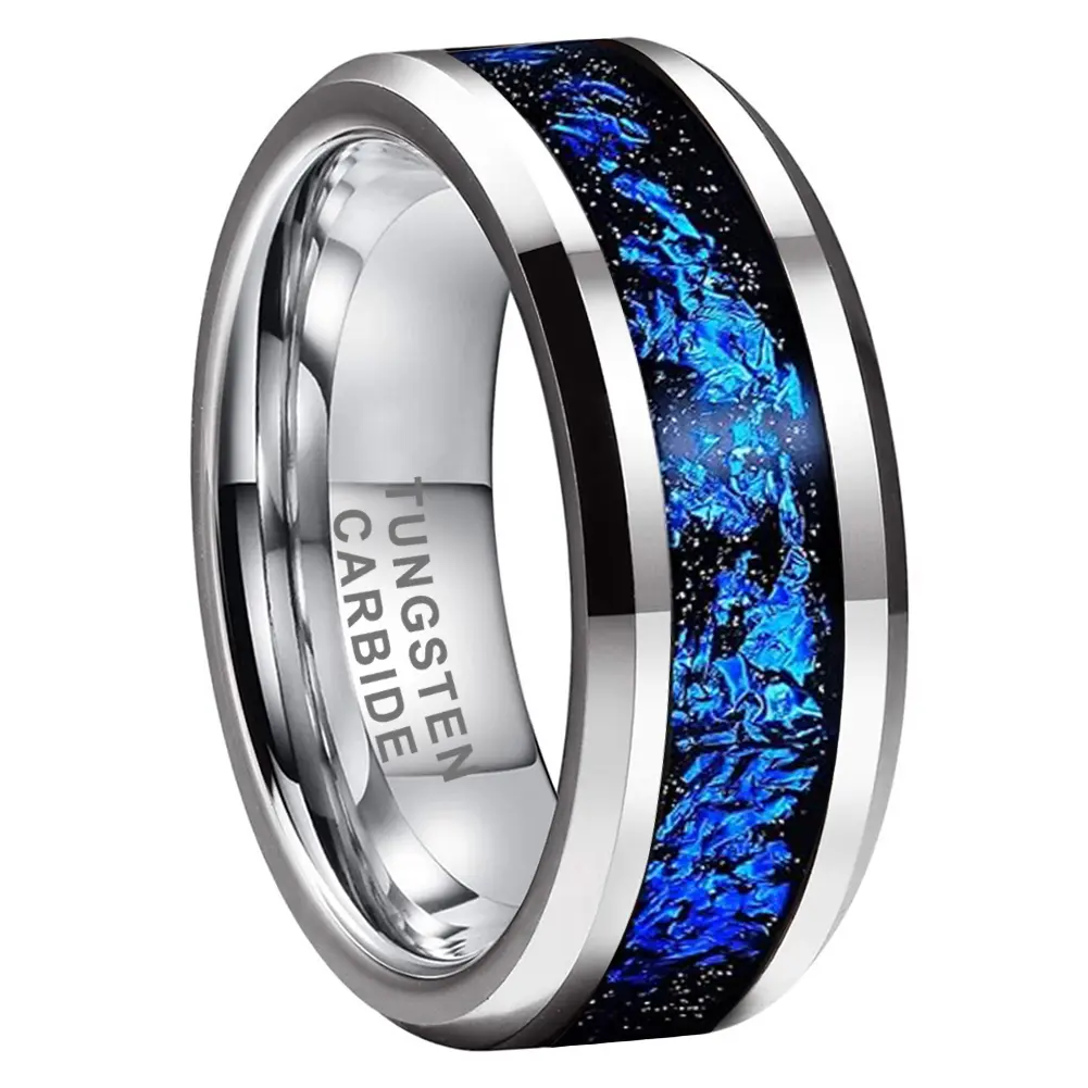 Yonifu Mens 8MM Tungsten Ring Ocean Blue Inlay Deep Water Spark Engagement Wedding Band Steady Vibe Jewelry Gift For Him Unique