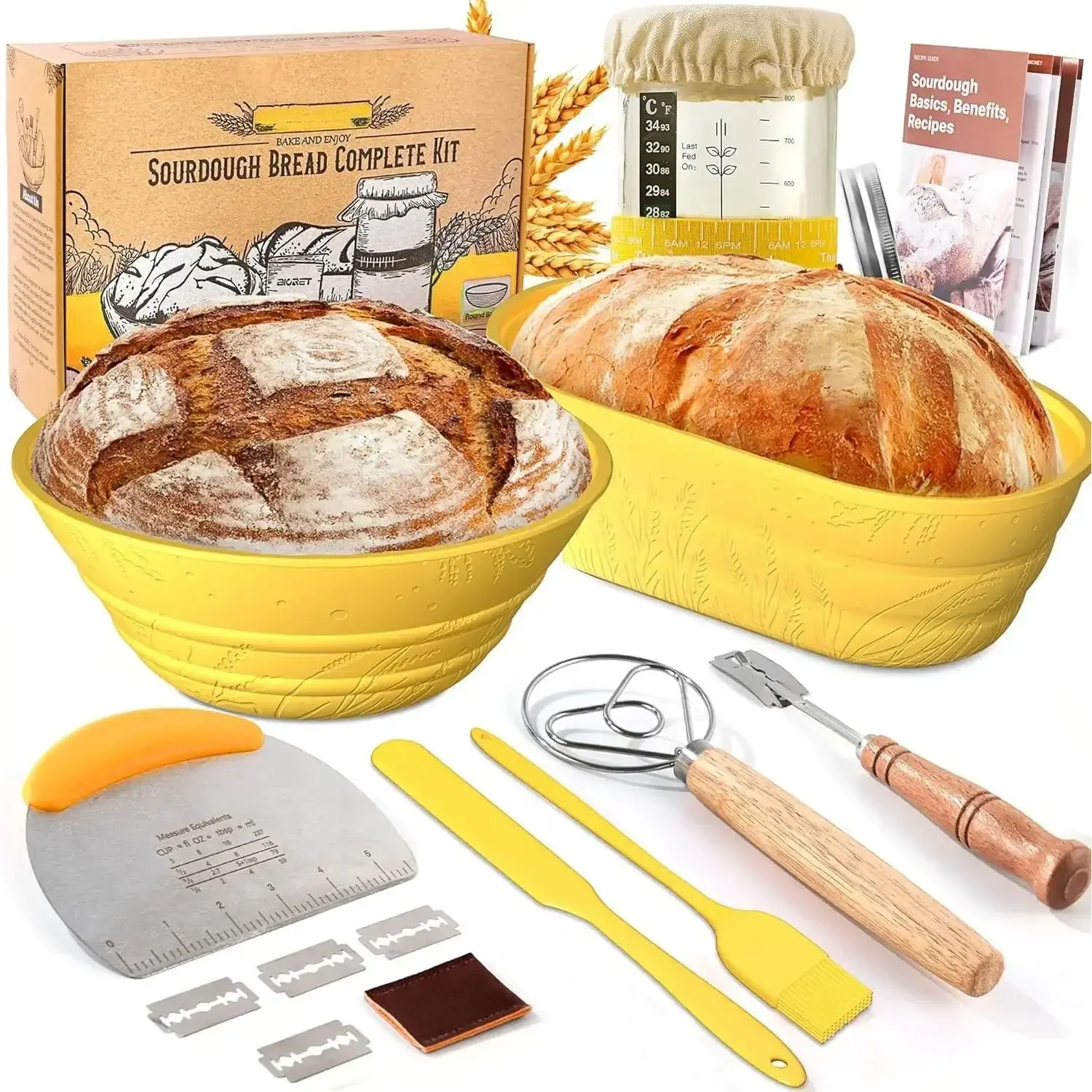 All-In-Complete Sourdough Kit - 34 oz Yellow Practical Large-Size Wheat Sourdough Starter Bakeware, 2 Foldable Round/Oval Silicone Bread Proofing Baskets, Recipe Book, Thermometer Strip, Family Kitchen Utensils