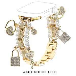 Pearl Beaded Bling Band Compatible with Apple Watch Bands 49/46/45/44/42/41/40/38mm Women,Stylish Metal Cuban Chain with Shiny Lock Key Charms Pendants for iWatch Series 10 9 8 7 6 5 4 3 SE Ultra 2 Wearable Adjustable Anniversary Birthday Christmas