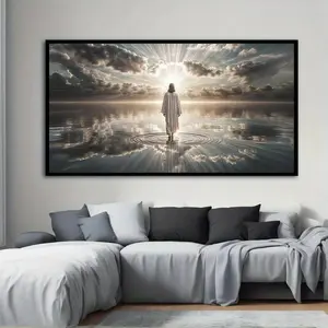 [1pc Jesus Walking on Water Art] Modern Abstract Jesus Walking on Water with Sunburst Print Art - 1pc less Canvas   Wall   for Living Room and Bedroom,