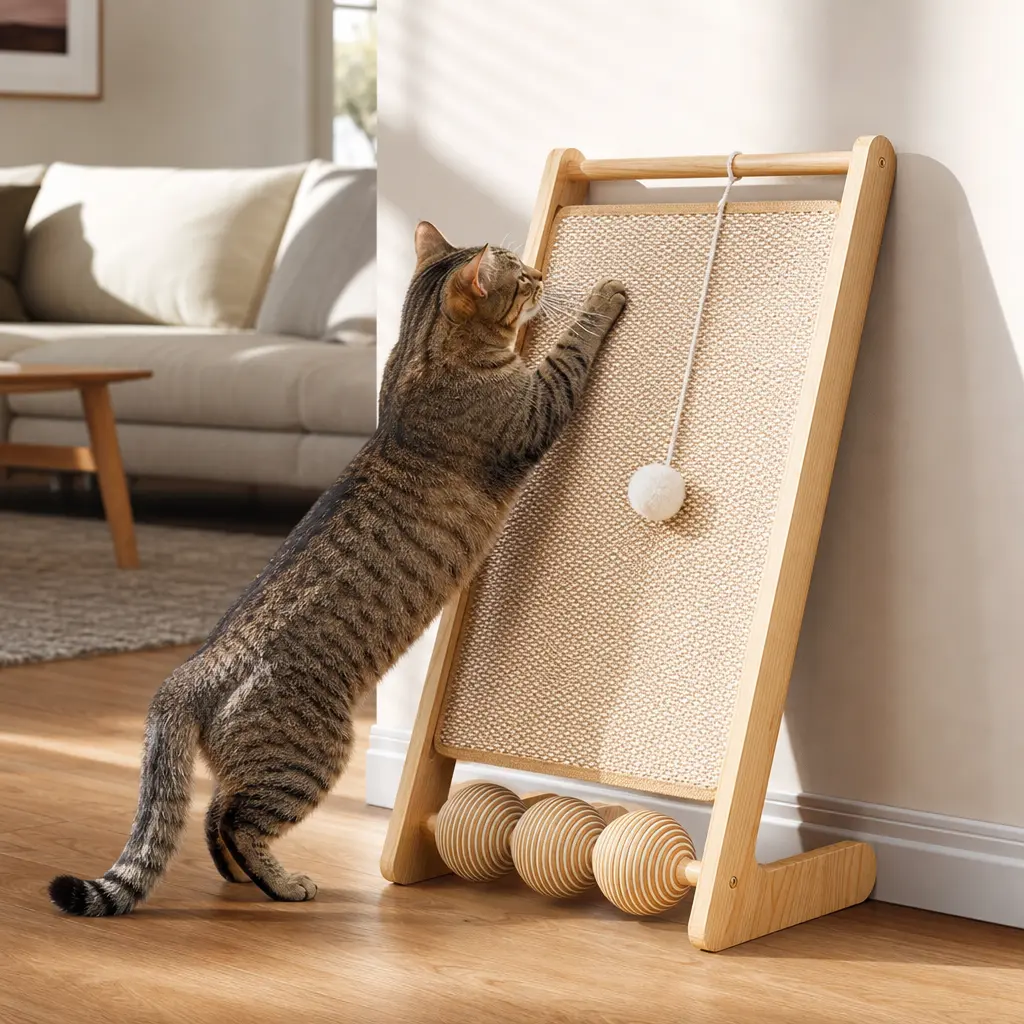 Vertical Solid Wood Cat Scratching Post - Indoor Multi-Use Cat Furniture with Interactive Toy Ball, Natural Jute, Cardboard-Sloped Sisal Ramp, Wear-Resistant Space-Saving Design