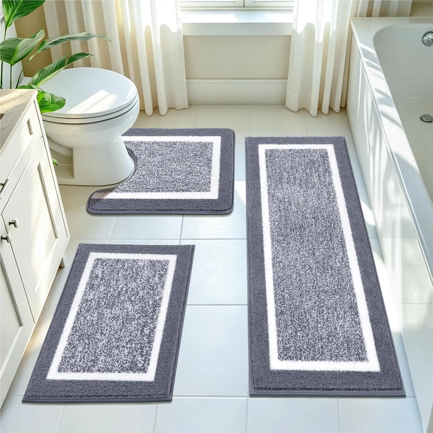 LOKHOM Non-Slip Microfiber Bathroom Rug Sets - Water Absorbent Bathmat with U-Shaped Toilet Mat & Shower Mat, Machine Washable, Cozy, for Modern Home Decor & Home Supplies