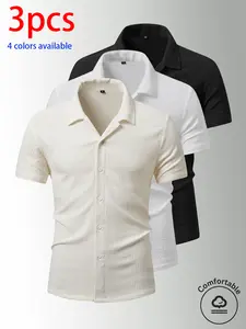 3-Pack Men’s Summer Short Sleeve Shirts, Men’s Short Sleeve Shirt, Men’s Shirt Textured checkered short-sleeve shirt with button design; loose fit, turn-down collar, lightweight and breathable. Available in multiple solid colors for easy matching—suitable