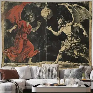 Double Devil'S Battle Tapestry - Dynamic Black And Red Polyester Wall Art For Bedroom, Living Room, Office| Gothic Halloween & Party Decor With Intricate Demon Illustration, Lightweight & Easy To Hang, Halloween Decorations art home decor b