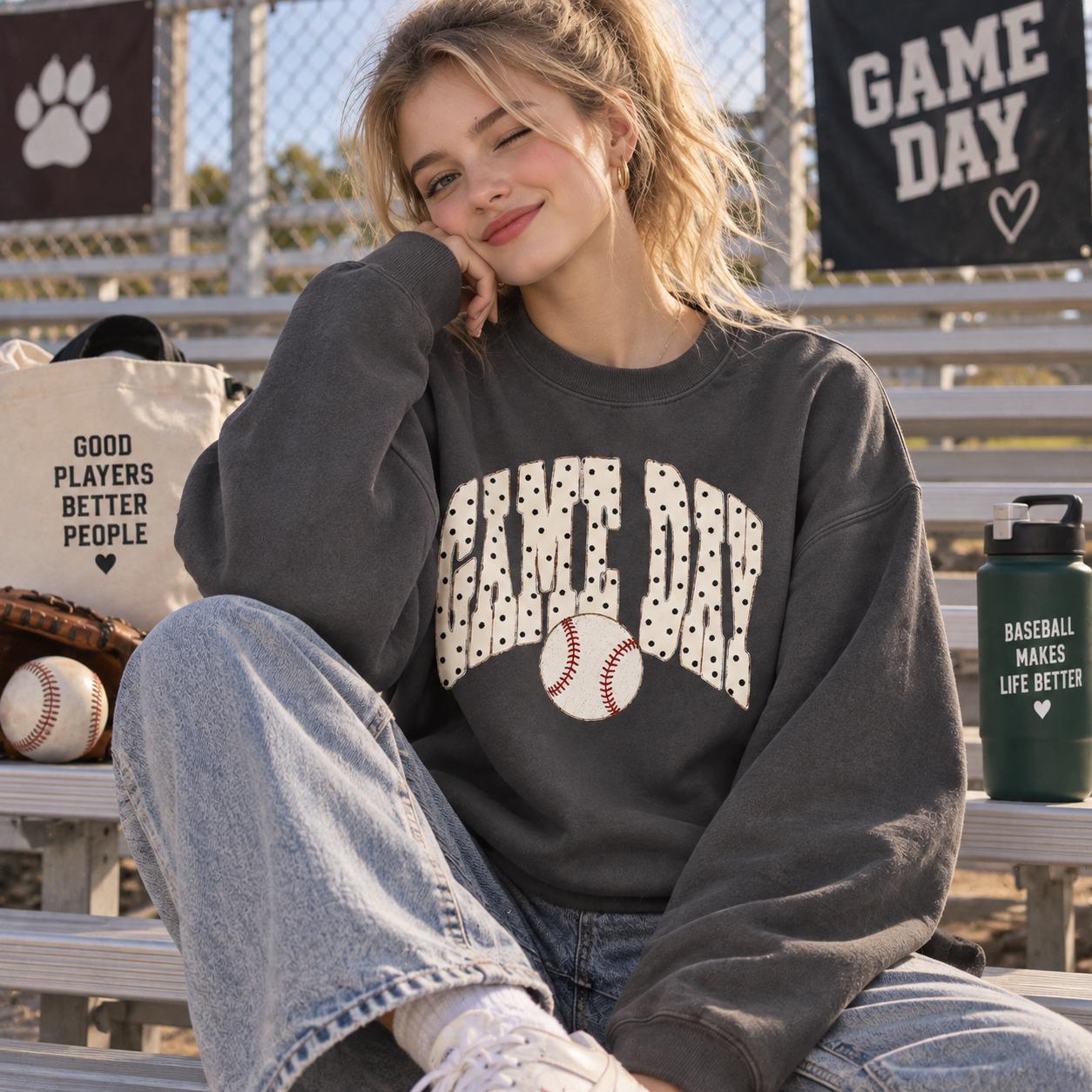 Game Day Baseball Sweatshirt, Baseball Mom Crewneck, Retro Sports Graphic Shirt, Cute Baseball Season Sweatshirt, Game Day Gift for Women-DF