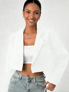 Women's white cropped double-breasted blazer, featuring a minimalist casual style, suitable for everyday outings, light social gatherings, or casual commuting, Trendy blazer