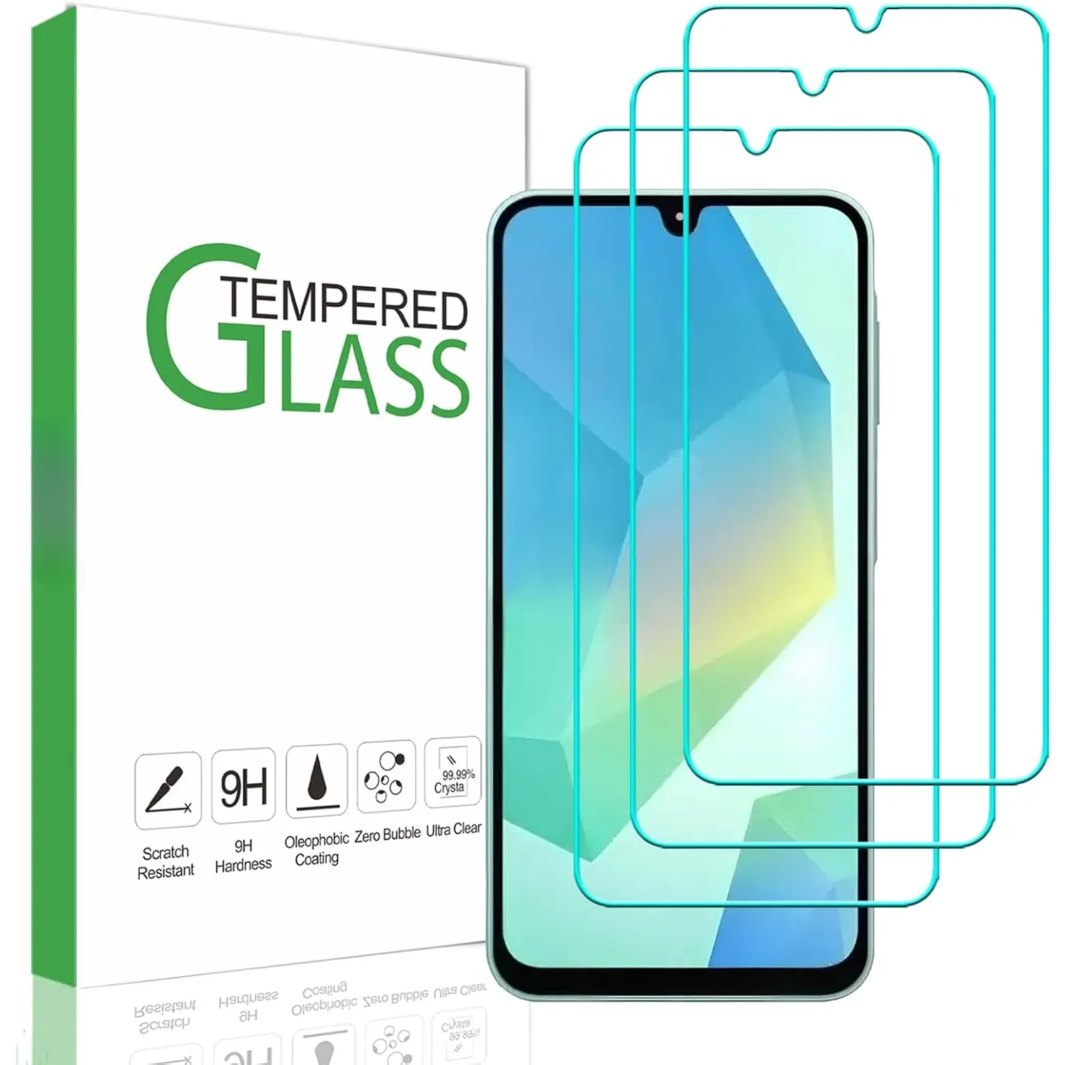 3-Pack Tempered Glass Screen Protector for Samsung Galaxy A16 Series 5G/4G, 9H Hardness, 2.5D Smooth Edges, Hydrophobic Coat, Smartphone Cellphone Handheld Device Protection Accessory, Default