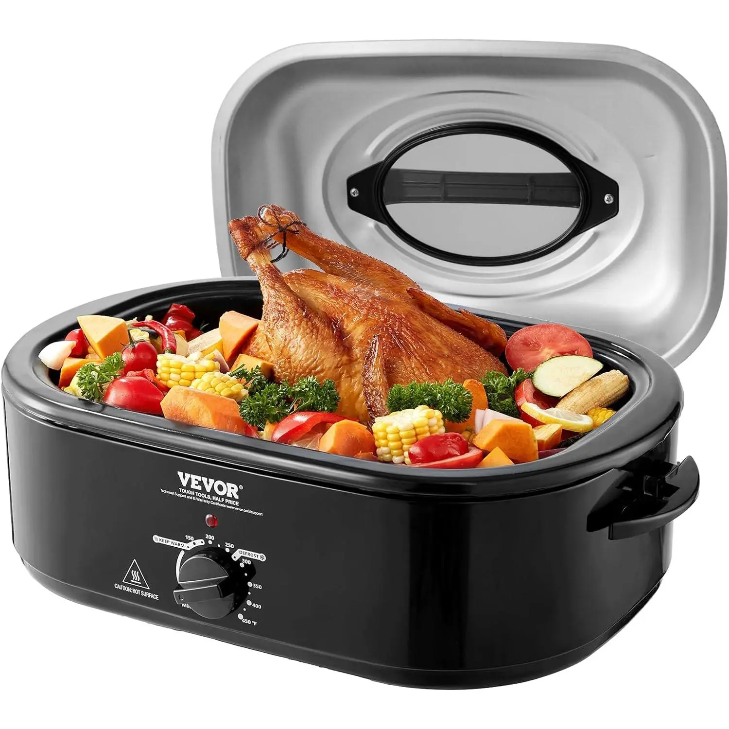 VEVOR Electric Roaster Oven with Defrost & Warm Function, 24 QT Turkey Roaster Oven with Self-Basting Lid, 1450W, Adjustable Temp, Removable Pan & Rack, Fits Turkeys Up to 28LBS, Black