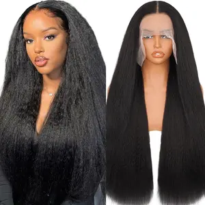 13X6 Synthetic Lace Front Wig 26 inches Kinky Straight LaceFront Wig Pre Plucked 180% Density Yaki Straight Lace FrontWig Wigs For Black Women Heat Resistant Hair