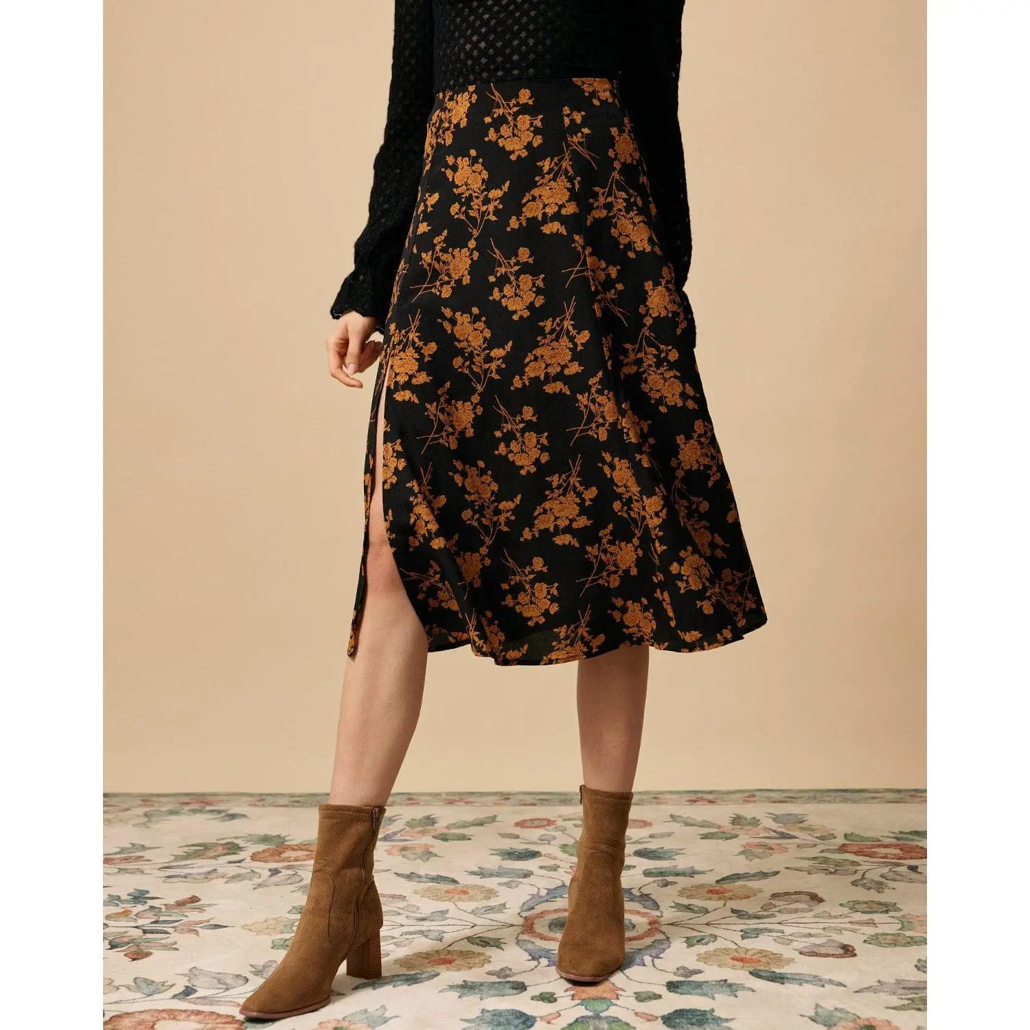 RIHOAS Women's High-Waisted Vintage Allover Print Skirt - Polyester, Wrinkle-Free Clothes, Casual, A-Line, Flowy, Side Slit, Fit Women's Bottoms