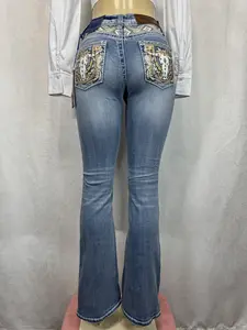 WESTFIELD EAGLE Cow Skull Bootcut Jeans - Casual Denim Womenswear Bling Bottom Button Everyday Sequins