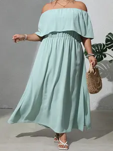 Plus Size Off-the-Shoulder Fitted Maxi Dress with Side Slit and Ruffle Detail for Comfort and Style