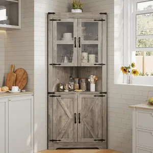 Tall Corner Cabinet, Farmhouse Corner Storage Cabinet with Glass Door & Adjustable Shelves for Living Room, Kitchen & Bathroom