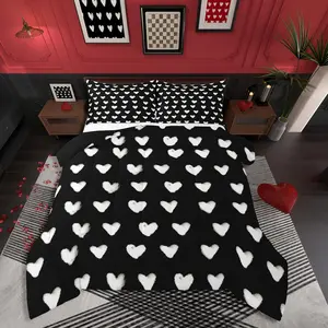 Black White Comforter Set,Cute Heart Pattern Bedding,Valentine Day Gift Quilt Cartoon Love Geometric Duvet Insert,Love Heart Bedding Sets, Bedroom Bedding Set, Decorative Bedding Set