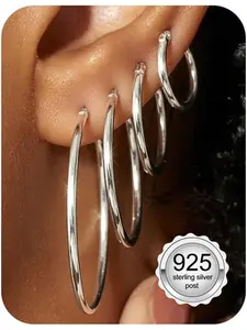 3/4 Pairs Sterling Silver Fashionable Hoop Earrings Lightweight Gold/Silver Hoop Earrings for Women Hypoallergenic Large Silver Sleeper Earrings Gold Hoops