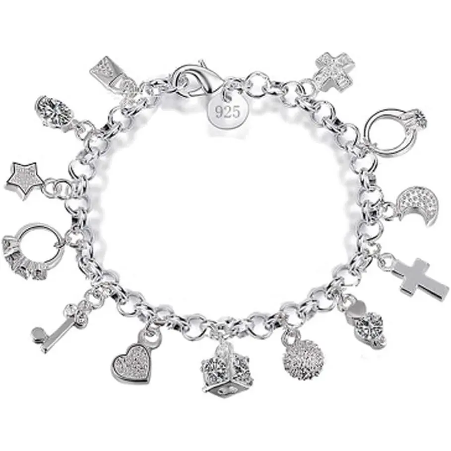 Trendy Hot Selling 13 Charms Multi Pendant Bracelet, Dainty Elegant Chain Wrist Bangle, Luxury Minimalist Stackable Fashion Jewelry, Best Daily Party Holiday Gift For Women Ladies