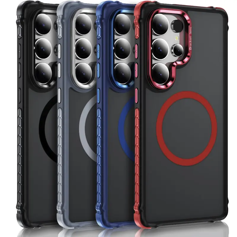 Magnetic MagSafe-Compatible Shockproof Heavy-Duty Bumper Case with Camera Kickstand, Translucent Cellphone Cover for Samsung Galaxy S23/S24/S25 Plus S26 Ultra FE, Grip-Boosting TPU Sides for Hands-Free Video Sessions Accessories