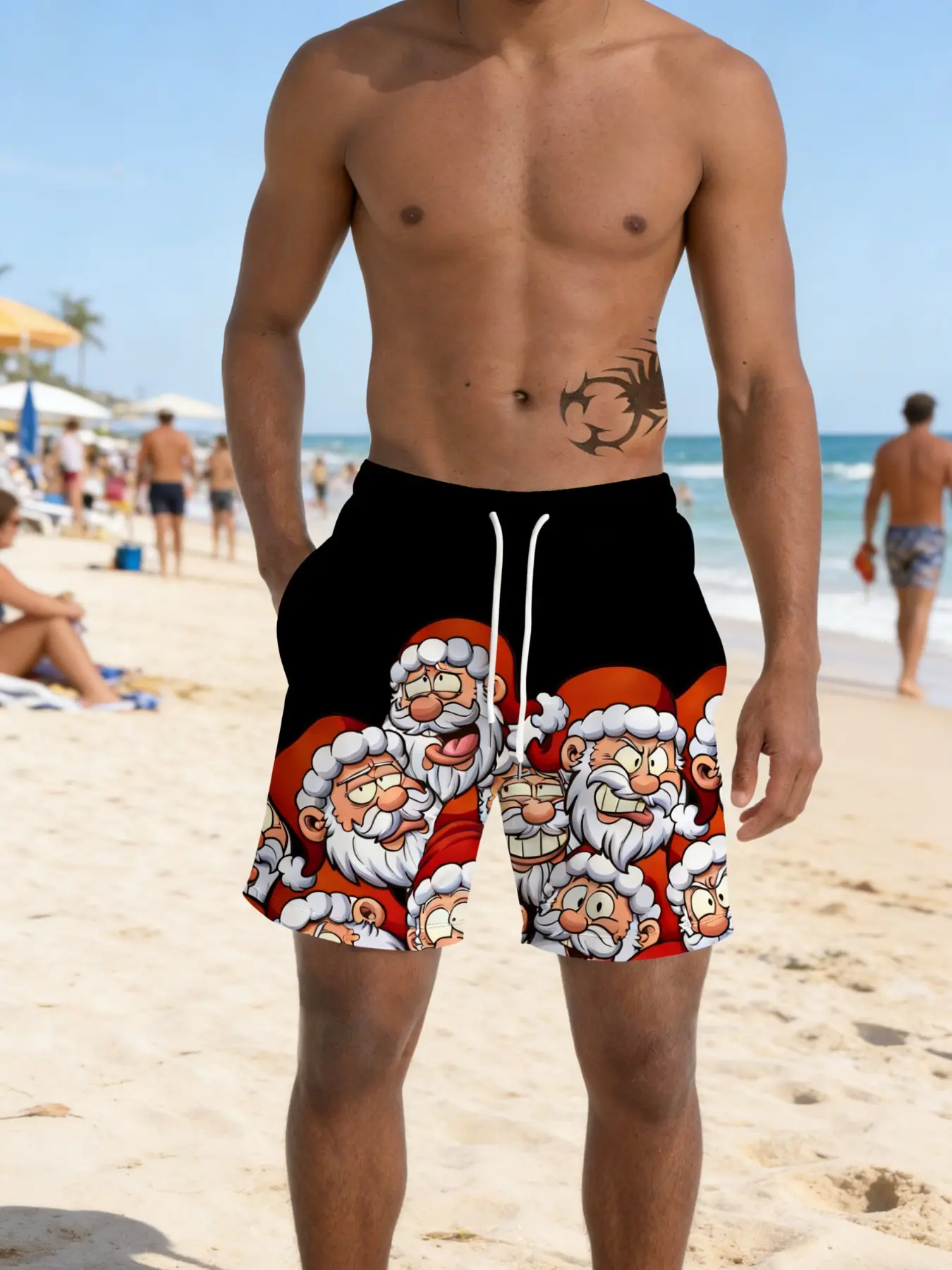 Men's Summer Cartoon Santa Claus Pattern Casual Beach Shorts, Loose-Fitting Holiday Vacation Swim Trunks, All over Print