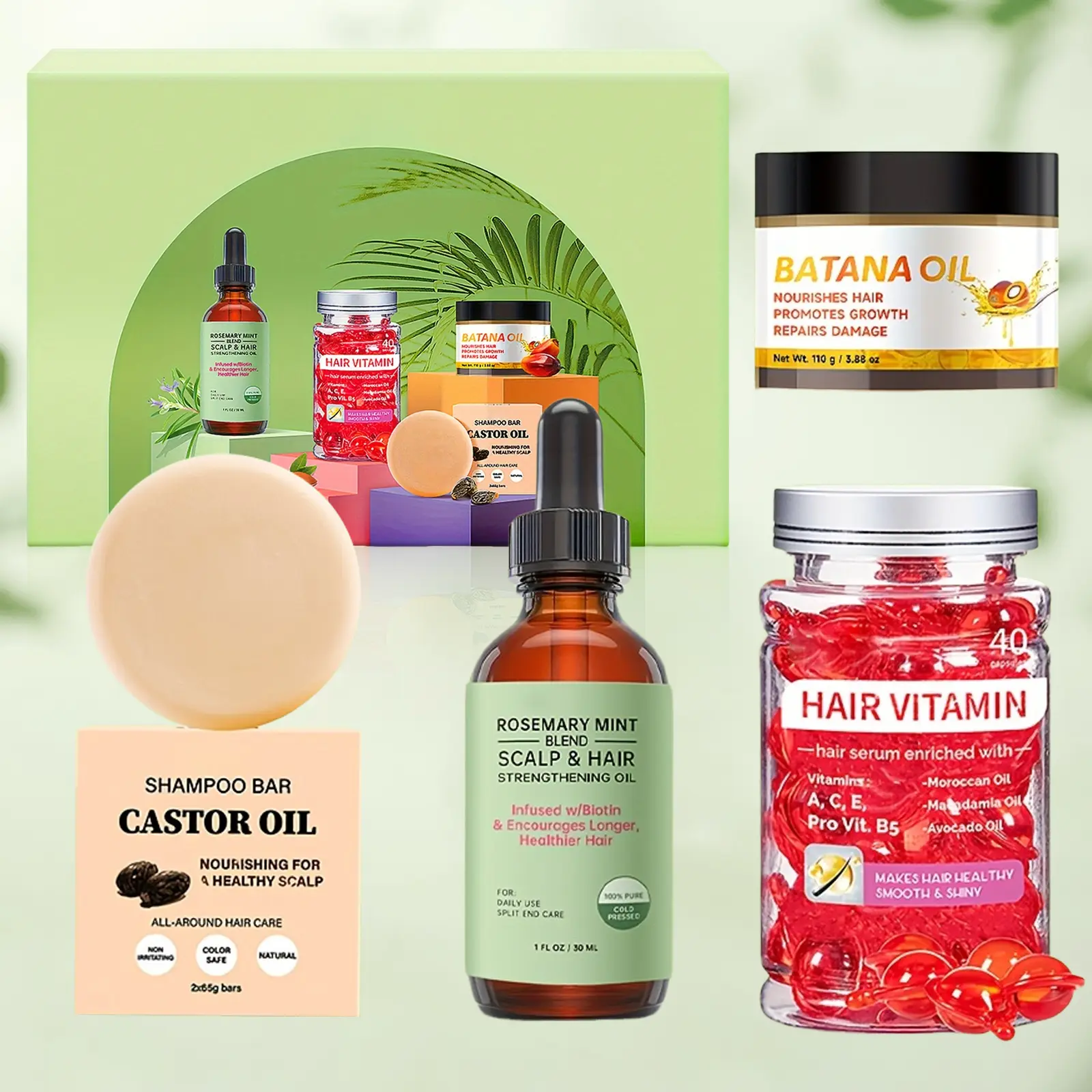 Vitamin B5 Hair Care Capsules & Conditioner 4-Piece Set - Suitable for all hair types. Strengthens hair strands, enhances elasticity and resilience, improves hair quality, and promotes fuller-looking hair. For men and women.