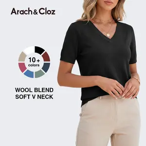 Arach&Cloz Womens V Neck Knit Sweater Top Soft Wool Blend Short Sleeve Dressy Casual SummerVibes 2026