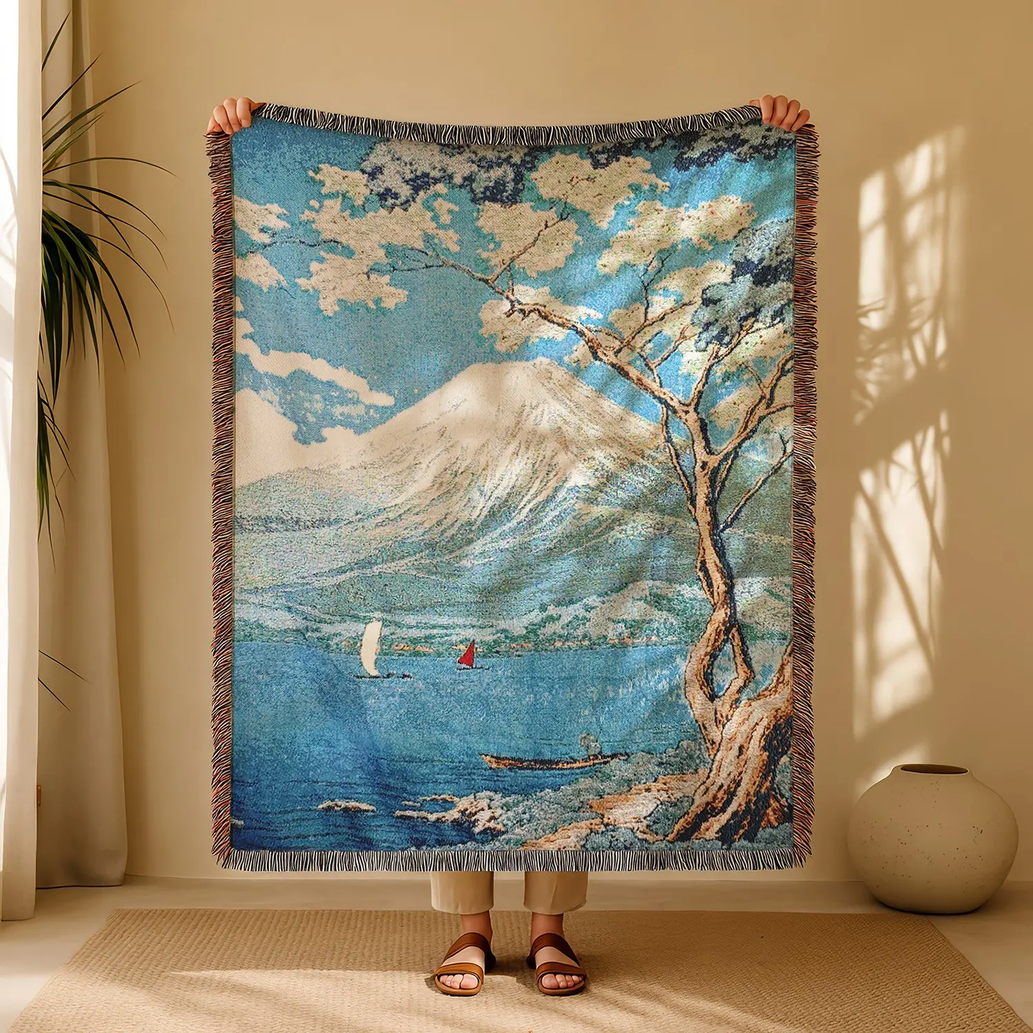 Mount Fuji and Cherry Blossoms Bohemian Yarn Jacquard Woven Blanket, Blanket with tassels, with Tassel Chunky Soft, Wear-resistant Washable Easy To Care, No Faded No Pilling, Used for Home Decor Sofa Chair Bed Tapestry Tablecloth Garden Picnic Camping