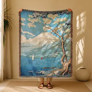 Mount Fuji and Cherry Blossoms Bohemian Yarn Jacquard Woven Blanket, Boho Blanket, with Tassel Chunky Soft, Wear-resistant Washable Easy To Care, No Faded No Pilling, Used for Home Decor Sofa Chair Bed Tapestry Tablecloth Garden Picnic Camping
